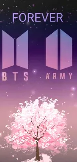 BTS Army symbol with cherry blossom tree on purple background.