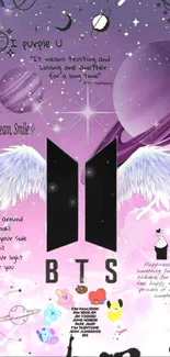 BTS-themed wallpaper with wings and galaxy design in pastel colors.