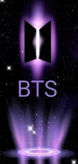 BTS logo with purple galaxy background and light effects.