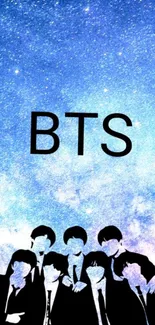 BTS mobile wallpaper with galaxy background and silhouette.