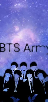 BTS Army wallpaper with purple galaxy and silhouettes.