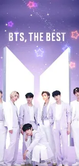 BTS band in white suits on a purple gradient background.