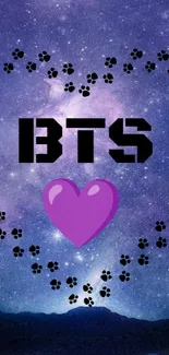 BTS wallpaper with purple heart and galaxy design.