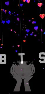 Mobile wallpaper with BTS letters and colorful floating hearts.