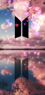 BTS logo with pink sky and reflective water.