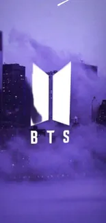 BTS purple cityscape wallpaper with logo and night backdrop.