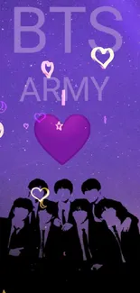 Purple galaxy theme BTS wallpaper featuring silhouette and heart.