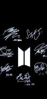 BTS signature and logo on black wallpaper.