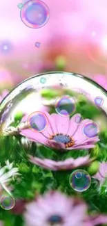 Dreamy mobile wallpaper with pink flowers and a bubble effect.