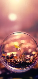 A sprout inside a glowing bubble with a purple glow.