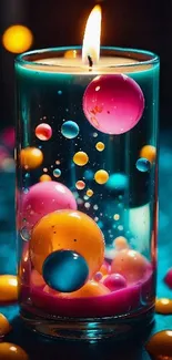 Colorful bubbles inside a glass candle.