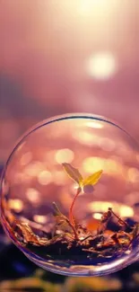 Sprout inside a bubble with a warm bokeh background.