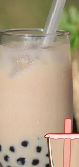 Mobile wallpaper of a glass of bubble tea with tapioca pearls.