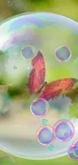 Colorful butterfly encased in a bubble, vibrant nature scene.