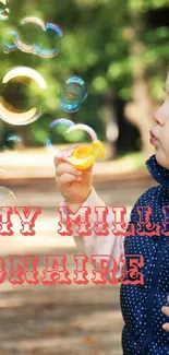 Child blowing bubbles in park with green backdrop, titled 'My Millionaire'.