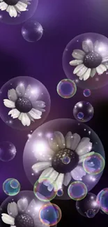 White flowers inside bubbles on a deep purple background mobile wallpaper.