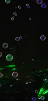 Mobile wallpaper with bubbles and neon green lights on a dark background.