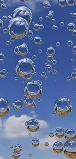 Mobile wallpaper with bubbles against a blue sky and clouds.