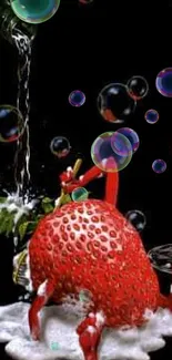 Surreal strawberry scene with champagne and bubbles in artful mobile wallpaper.