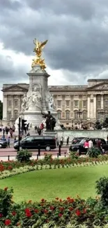 Buckingham Palace with gardens and overcast sky.