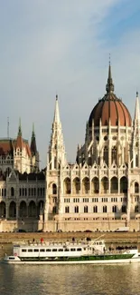 Budapest Parliament building with riverside view.