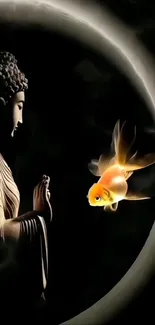 Buddha and goldfish on a serene black background.