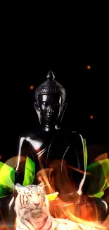 Buddha statue with white tiger and green leaves on black background.