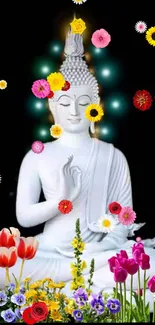 Serene Buddha statue surrounded by colorful flowers on black background.