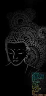 Buddha mandala design with quotes on black background.