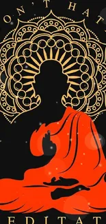 Buddha silhouette with orange robe and ornate mandala on black background.