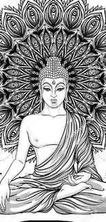 Buddha sitting in meditation with a mandala background in black and white art style.