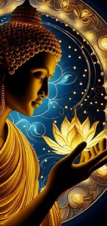 Buddha holding a glowing lotus flower in meditation.