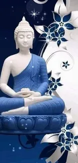 Serene Buddha in blue meditative art with floral elements.