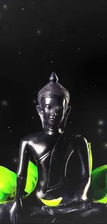 Buddha statue with green leaves and starry night background.