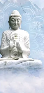 Serene Buddha statue with blue mandala background.