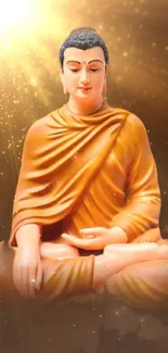 Serene Buddha statue with golden aura wallpaper.