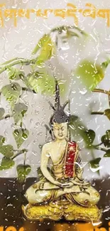 Buddha statue with raindrop effect amid green foliage.