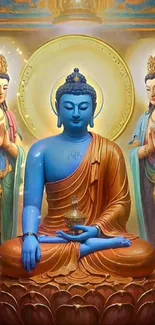 Serene Buddha meditating with companions.