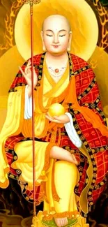 Colorful Buddhist monk artwork with golden hues and spiritual themes.