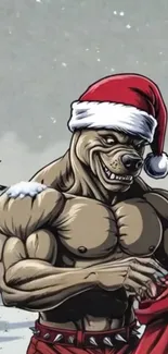 Muscular cartoon dog in Santa hat standing in snowy forest.