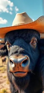 Buffalo wearing a cowboy hat in nature.