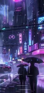 Cyberpunk cityscape with neon lights and rain-soaked streets under umbrellas.