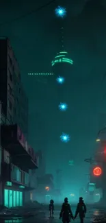 Cyberpunk cityscape with neon lights and silhouettes under a dark teal sky.