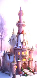 Enchanted snow-covered castle with lights glowing, set in a magical winter scene.