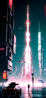 Futuristic cityscape with neon lights and skyscrapers in digital art style.