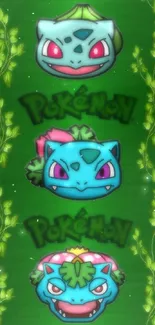 Bulbasaur, Ivysaur, Venusaur evolution mobile wallpaper in green hues.