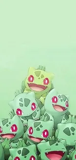 Adorable Bulbasaur pyramid on light green background wallpaper.