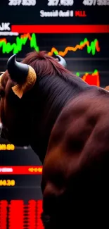 Bull statue in front of dynamic stock market screen displaying trends.