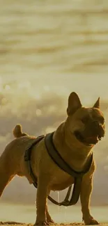 Bulldog on sandy beach during sunset.