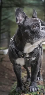 Majestic bulldog on log in tranquil forest.